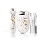 Philips HP6540/00 - Pack Depiladora para Mujer Inalámbrica, Recortador Zonas Sensibles, Pinzas con Luz, Blanco y Dorado