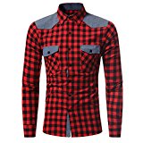 Camisa Hombre, Manadlian Hombres camiseta manga larga de otoño Camisa a cuadros Blusa superior (L, Rojo)