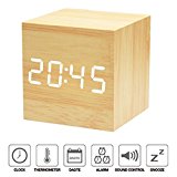 Xagoo - Reloj Despertador Digital LED de Madera, Pantalla de Fecha de Hora y Temperatura, activación por Voz y táctil (luz Blanca de bambú), Madera, 6,35 x 6,35 x 6,35 cm