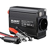 Suaoki - 300W Inversor de Corriente, DC 12V, 220V-240V AC salida, Dual Puertos USB 5V/2.1A (Diseño de Aluminio, con Pinzas de Coche Batería y Mechero de Coche) Negro