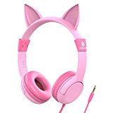 Auriculares para niños, iClever Volumen Limitado Cascos para niños sobre el oído Auriculares para bebés con diseño estéreo Ajustable Cat para Phone Tablets PC MP3, Regalos para niña, Rosa