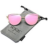 SOJOS Gafas De Sol De Moda Marca Metal Para Mujer-Lentes Planos De Espejo- Con Estilo Ojo De Gato SJ1001 Marco Oro/Lente Rosa Fusia