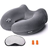 Raniaco Almohada Viaje, Inflable Almohada de Cuello Cervical, Soporte de Confort de Cuello con Máscara de Ojos, Tapones y Bolsa con Cordón, Cojín Lavable Almohada en Forma de U