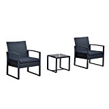 Outsunny Conjunto de Muebles de Ratán de Jardín 3 Piezas Set de Comedor con 1 Mesa 42,5x40x39 cm 2 Sillones 63x57x76 cm y Cojines Acolchados para Patio Terraza Balcón Negro