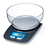 Beurer KS 25 Balanza de cocina con bol transparente, función auto-tara, 3 kg/1 gr, pantalla LCD azul (6.6 x 2.8 cm), altura pantalla 2.2 cm, color negro plata