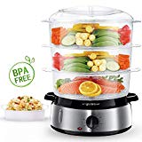 Aigostar Fitfoodie Steel - Vaporera eléctrica 800W, 3 recipientes Independientes (Capacidad Total 9l), Cuenco para Preparar arroz, Libre de BPA, Temporizador 60 Minutos y base en acero inoxidable.