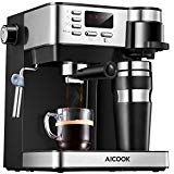 Aicook Cafetera Multifuncion 3 en 1 Espresso, Goteo y Espumador Máquina de café Expresso de 15 Bares y cafetera un Solo Servicio con Taza para café, Leche fría para Capuchino y café con Leche, Negro