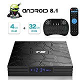 Android TV Box, T9 Android 9.0 TV Box con Mini Teclado inalámbrico 4GB RAM 32GB ROM RK3318 Bluetooth 4.0 Procesador Quad-Core Cortex-A53 2.4/5.0GHz WiFi Compatible con 4k2k Ultra H.265 Smart TV Box