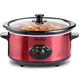 VonShef Olla De Cocción Lenta de 3,5L de Acero Inoxidable - Roja Metalizada con Plato Desmontable del Horno a La Mesa (Fácil de Limpiar) Y Tapa De Vidrio - Para Preparar Sopas, Guisos y Más