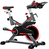 FITFIU BESP-100 - Bicicleta Indoor con disco inercia 16 kg, resistencia regulable, sillín y manillar regulables, pulsómetro, soporte botellas, con pedales con calapiés y pantalla LCD, Negro/Rojo