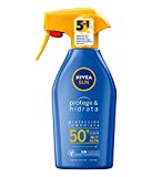 NIVEA SUN Protege & Hidrata Spray Solar FP50+ (1 x 300 ml), protector hidratante y resistente al agua con protección UVA/UVB, protección solar muy alta en formato pistola