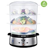 AICOK Vaporera eléctrica, Cocina Lenta de 9 litros con Pantalla LED de Temporizador 90 Minutos, 3 recipientes Independientes, Cuenco para Preparar arroz,800W, Acero INOX,Sin BPA,2 años de Garantia.