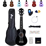 Winzz Ukelele Soprano Starter Kit para Principiante. Incluye: Funda, Afinador, Cuerdas Extra, Correa Ajustable, Púas, Pegatinas de notas, Guía de Acordes y Paño de pulido. Color: Negro