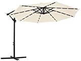 SONGMICS Parasol excéntrico de jardín, con 32 Leds de luz Solar, Sombrilla Ø 3 m con Base, Protección UPF50+, Manivela para Abrir/Cerrar, Terraza/Patio, Beige GPU018M01