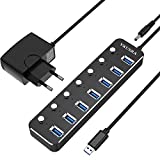 Hub USB 3.0, VKUSRA 7 Puertos USB Data Hub con Alimentación Adaptador 5V/2A, Cable de 1,2m y interruptores de alimentación Individuales para Mac Pro/Mini, Microsoft Surface Pro, DELL XPS 15 y más