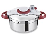 Tefal Clipso Minut Perfect - Olla a Presión de 6 L de Acero Inoxidable Roja con Cinco Sistemas de Seguridad y Cierre Fácil Con Una Sola Mano con Cestillo Vapor Integrado, Multicolor, 22 cm