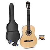 Max SoloArt Guitarra clásica para adultos principiantes, Madera natural, cuerdas de nailon, sintonizador digital, bolsa de transporte, púas, juego de cuerdas y correa, ideal para principiantes…