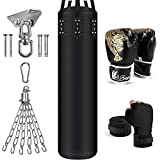 Odoland Kit de Sacos de Boxeo 6-en-1 Sin Relleno para Hombres y Mujeres, 120 cm Bolsa Pesada de Kick Boxing Carga hasta 40 kg con Guantes de Boxeo de 12 oz Vendajes de Boxeo y Cadenas para Bolsas