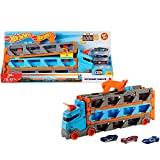 Hot Wheels Camión de transporte convertible en pista para coches de juguete, almacena 20 vehículos, incluye 3 die-casts (Mattel GVG37)