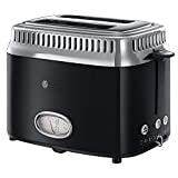 Russell Hobbs Tostadora Retro - 2 Ranuras Cortas y Anchas, Tostador para 2 Rebanadas, Bandeja Recogemigas, Calientapanecillos, Función Descongelar, Diseño Vintage, Acero Inoxidable, Negro - 21681-56