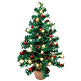 Arbol de Navidad 60 cm, Siebwin Arbol de Navidad Pequeño con Adornos de Piñas y Bayas, Cadena de Luces Led, Maceta, Tela de Lino Decoración Navideña para Decoración de Fiesta de Navidad de Escritorio